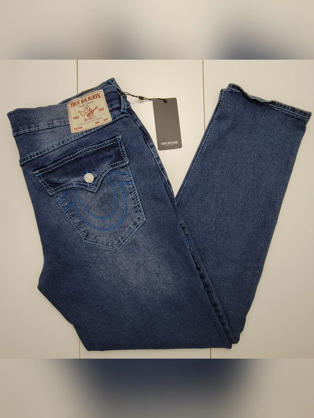 True Religion Geno Big T Flap Slim Jeans in Medium Blaze Wash Size 36X32 New